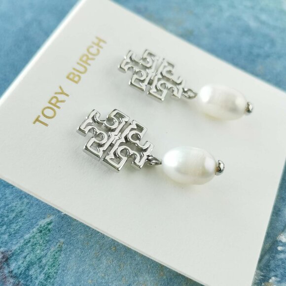 Tory Burch Britton Logo Silver White Pearl Drop Earrings - Picture 2 of 3
